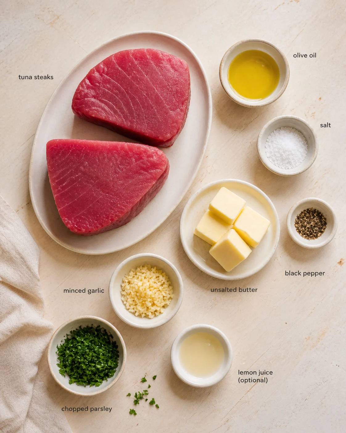 Overhead view of two raw tuna steaks with butter, oil, salt, pepper, garlic, parsley, and lemon juice arranged on a light surface.