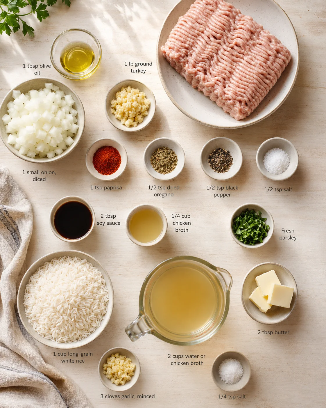 Overhead view of ground turkey with bowls of onions, garlic, spices, rice, and broth.
