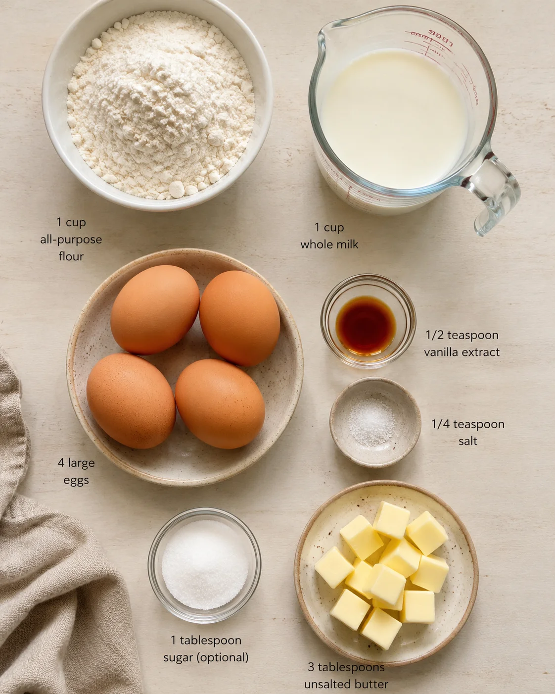 Flat lay of baking ingredients: flour, milk, eggs, butter, vanilla, sugar, salt.