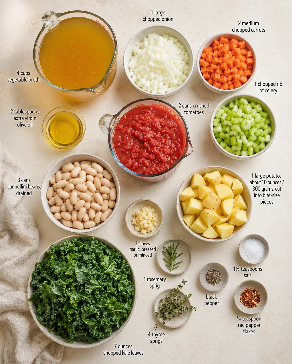 overhead layout of labeled ingredients for a vegetable soup recipe