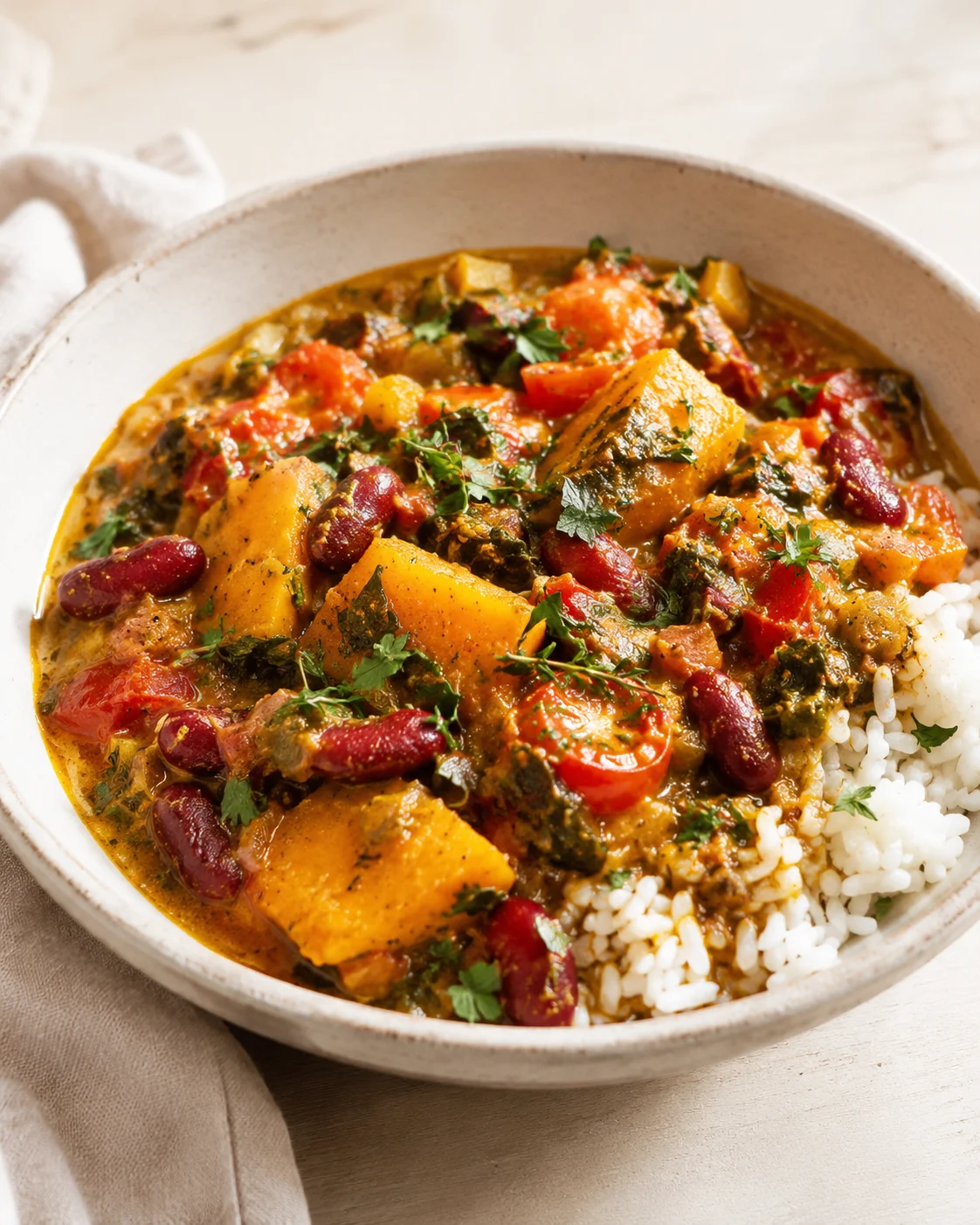 bowl of orange curry with kidney beans, sweet potatoes, tomatoes, cilantro, served over rice
