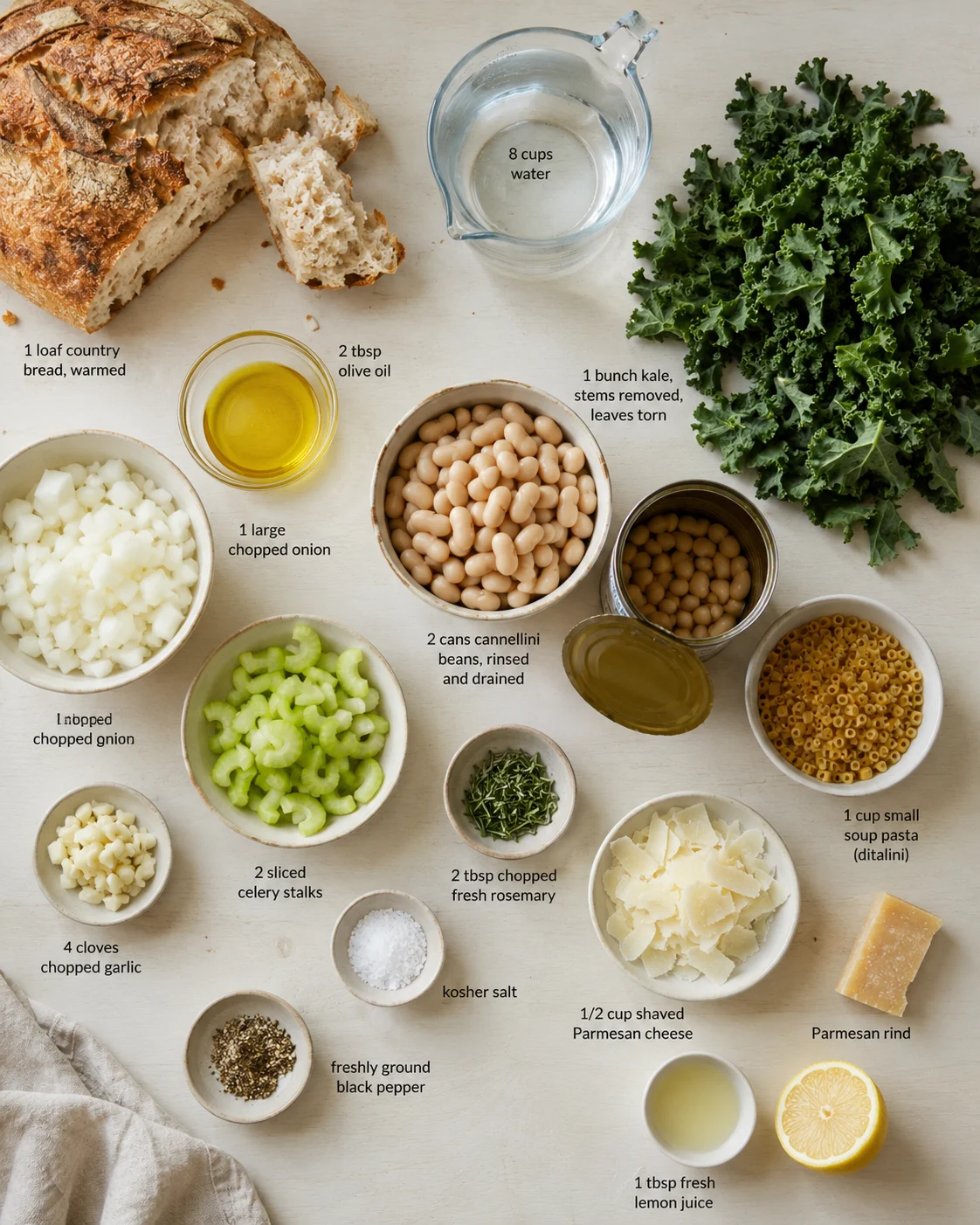 Overhead view of rustic ingredients for white bean kale soup arranged on a pale wooden surface.
