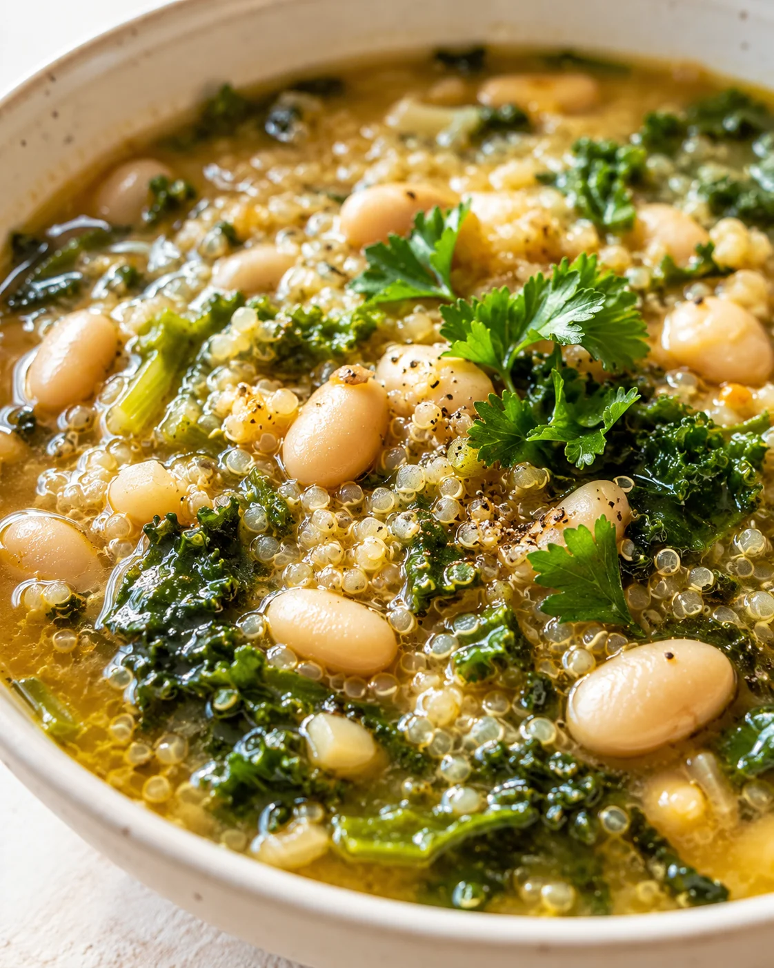 Close-up of white beans, kale, and pearl couscous in broth with parsley garnish