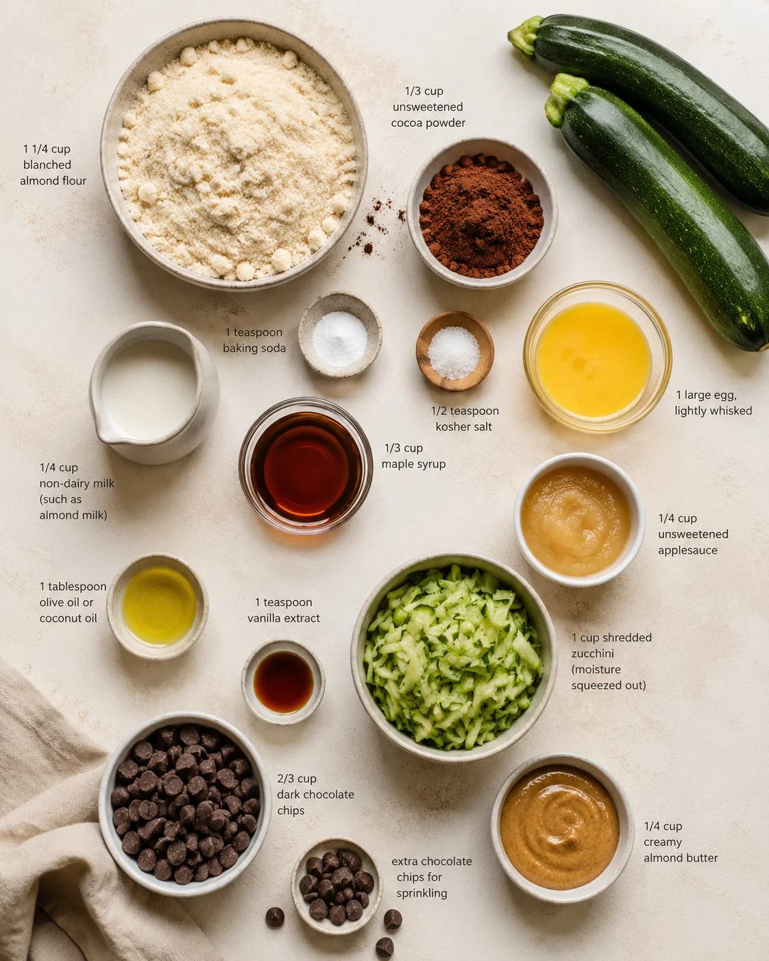 Overhead flat lay of labeled ingredients arranged on a light counter, including zucchini, flours, dairy, and chocolate chips.