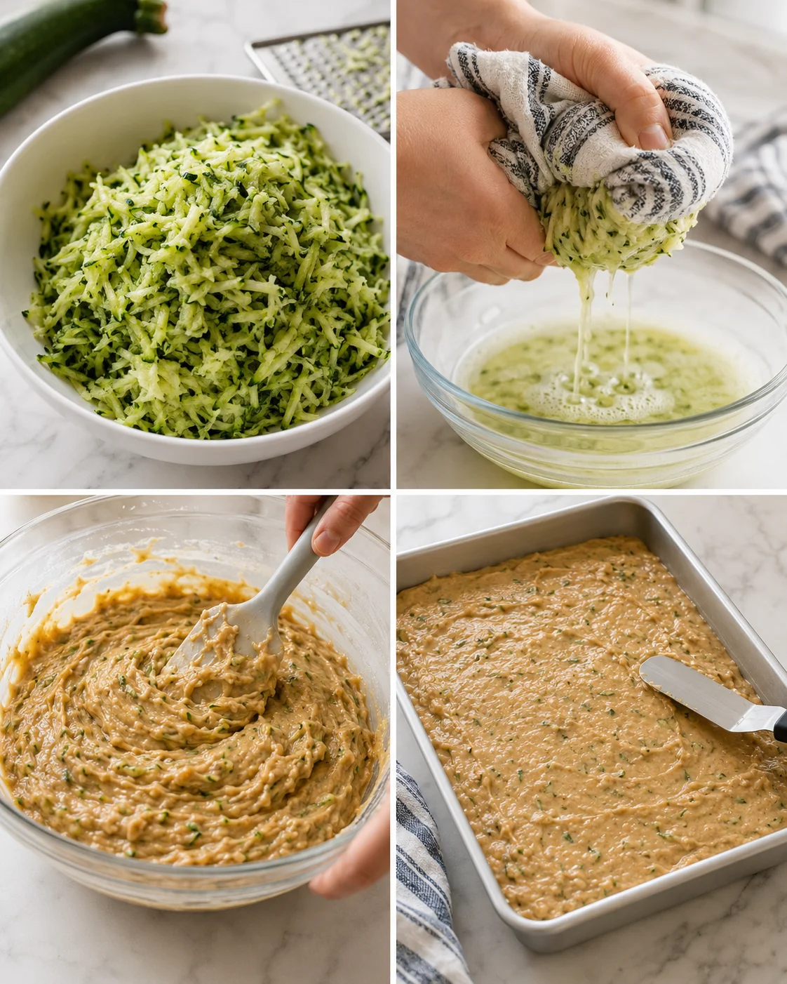 collage showing grated zucchini, squeezing moisture, mixing batter, and batter in a loaf pan