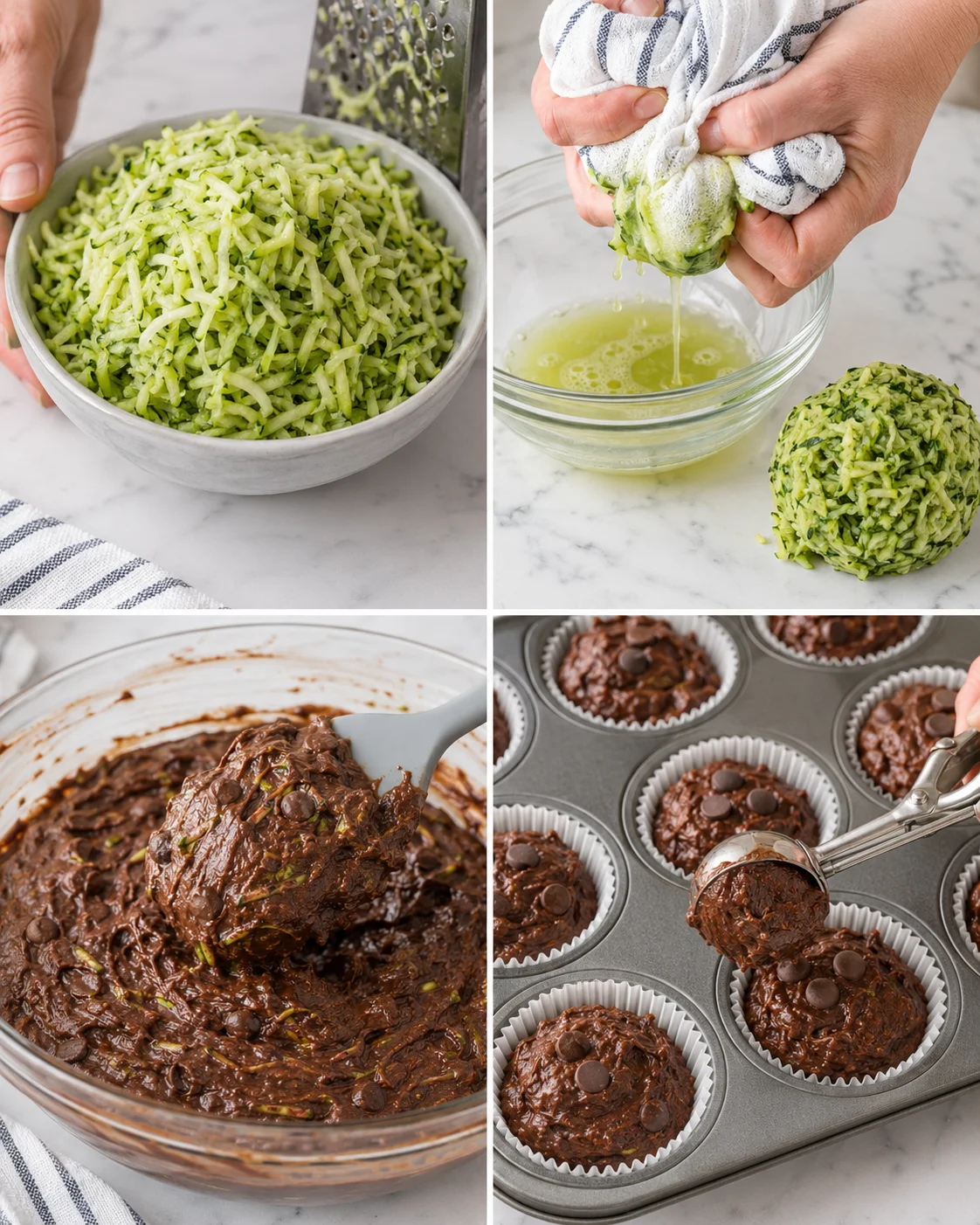 collage of zucchini preparation and chocolate muffins: shredded zucchini, squeezed moisture, and batter in a muffin tray