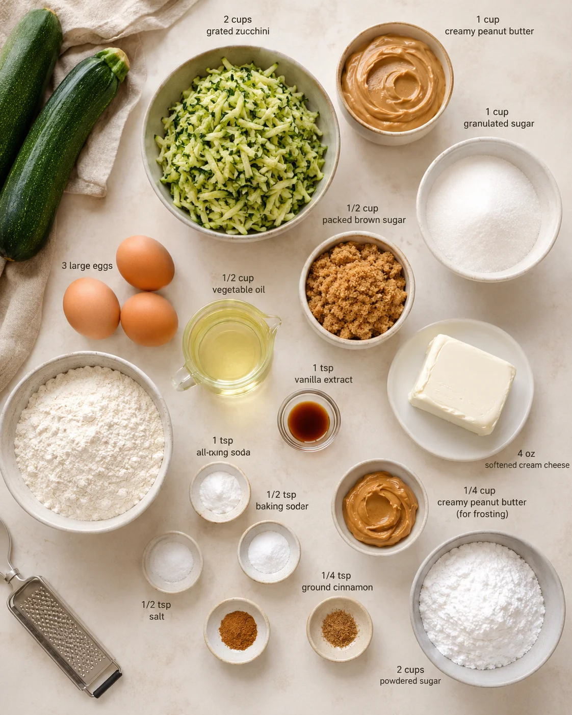 overhead view of labeled ingredients arranged on a light countertop, featuring zucchini and baking items