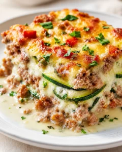 Close-up of layered zucchini lasagna with ground meat, melted cheese, and parsley on a white plate.
