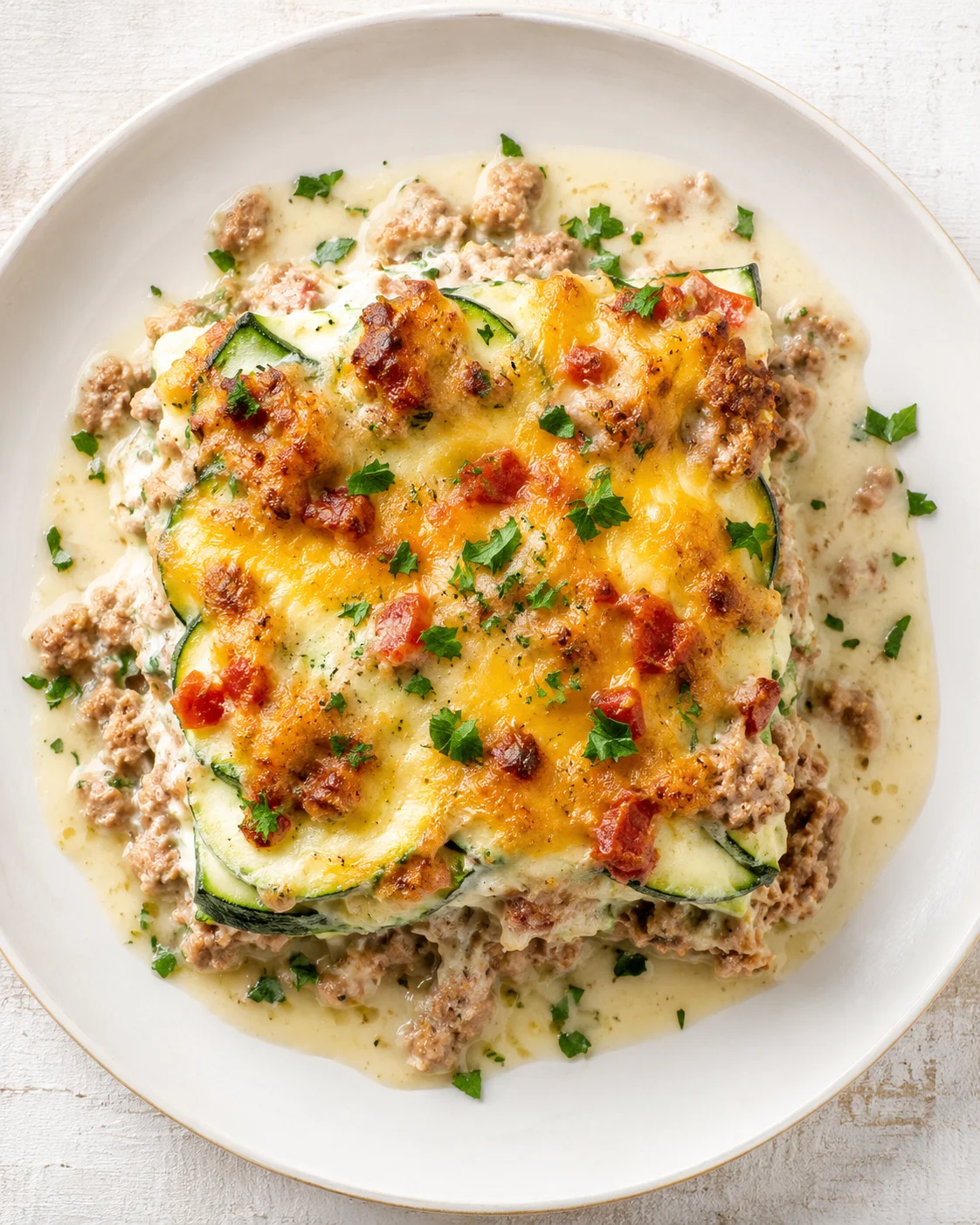 Creamy zucchini lasagna topped with melted cheese and parsley on a white plate