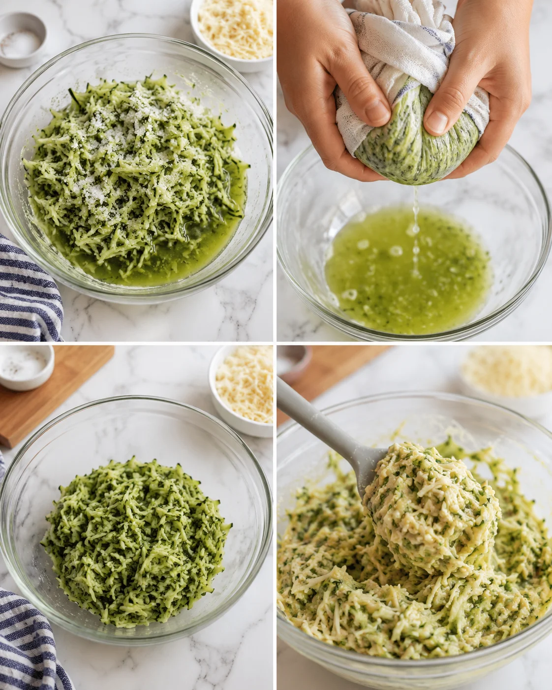 Collage showing zucchini pesto-making steps: shredded zucchini with cheese, squeezing moisture, green pesto, and plated pasta.