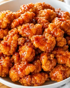 Close-up of crispy orange chicken coated with orange marmalade BBQ sauce on a white plate.
