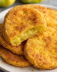 Golden crispy fried green tomatoes with tender, tangy centers on a white plate.