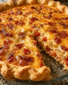 Close-up of a golden, flaky bacon onion tomato pie with crispy bacon pieces on top.
