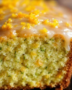 Close-up of moist orange zucchini bread with glaze and citrus zest topping.