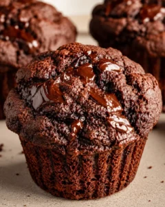 Bakery style double chocolate zucchini muffins with melted chocolate topping