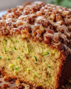 Close-up of moist zucchini bread topped with crunchy cinnamon streusel.