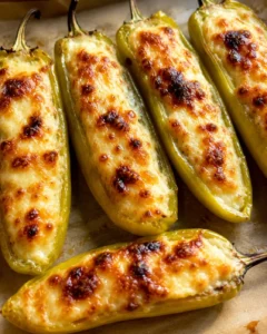 Baked banana peppers filled with creamy cheese and topped with melted, golden-brown cheese.