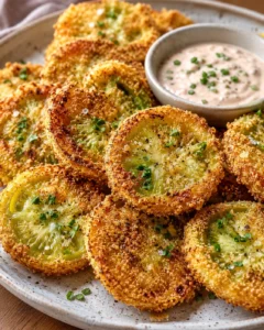 Golden, crispy fried green tomatoes with tangy remoulade sauce on a plate