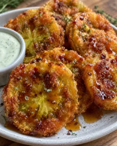 Plate of crispy fried green tomatoes topped with spicy hot honey drizzle and dipping sauce