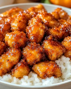 Delicious crispy orange chicken glazed with tangy, sweet sauce served over rice.