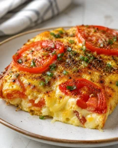 Delicious crustless tomato pie with fresh tomatoes, cheese, and herbs on a plate.