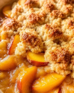 Close-up of a warm peach cobbler with golden crust and juicy peaches