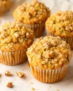 Freshly baked pumpkin zucchini muffins topped with crumbly streusel and walnuts.