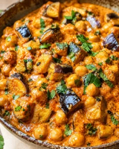 A vibrant bowl of creamy eggplant curry with chickpeas and fresh herbs