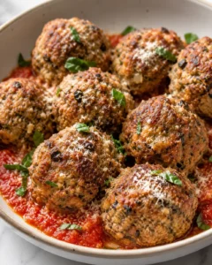 Close-up of baked eggplant meatballs garnished with herbs in a white dish