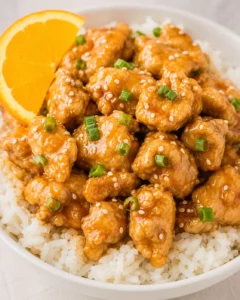 Crispy gluten-free orange chicken with orange slices and green scallions on rice