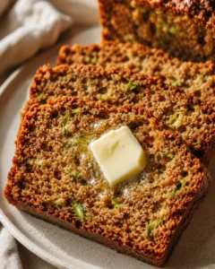 Close-up of sliced gluten-free zucchini bread with a pat of butter on top.