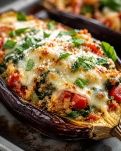 Close-up of baked eggplant stuffed with vegetables, cheese, and herbs.