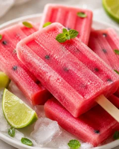 Refreshing homemade watermelon popsicles with lime and mint garnished with fresh lime slices.