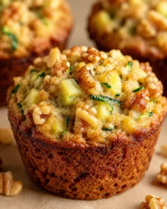 Close-up of a moist, golden muffin filled with pineapple chunks and crunchy walnuts.