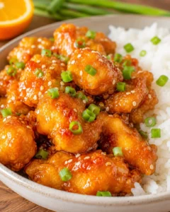 Close-up of crispy orange chicken garnished with green onions and sesame seeds