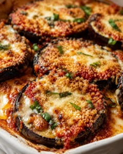 Close-up of baked eggplant slices topped with cheese and herbs in a dish