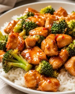 Delicious stir-fry with tender chicken, bright orange sauce, and fresh broccoli over rice.