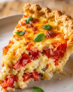 Close-up of a delicious, flaky tomato pie topped with cheese and fresh basil leaves