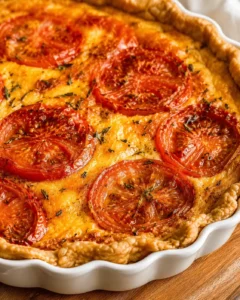 Close-up of a golden, cheesy Southern tomato pie topped with fresh tomato slices