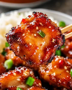 Close-up of sticky sweet chili chicken with glaze and green onion garnish