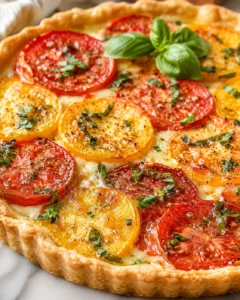 Freshly baked tomato tart with colorful heirloom tomatoes and basil leaves on top.