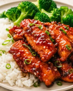 Close-up of glazed chicken with broccoli and rice on a plate