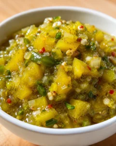 Close-up of vibrant, homemade banana pepper relish in a white bowl.