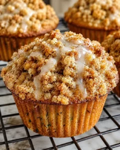 Close-up of freshly baked zucchini coffee cake muffins with crumb topping