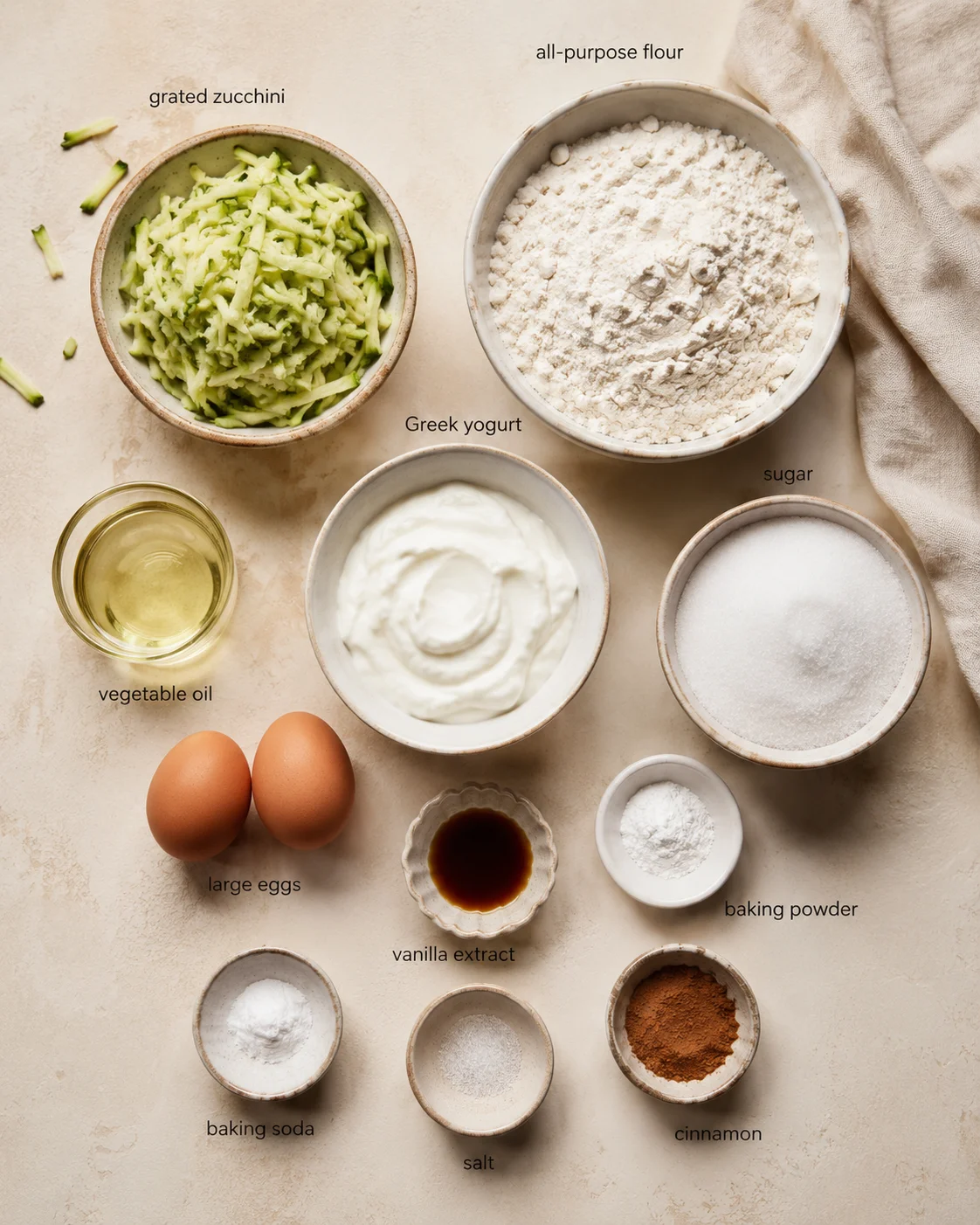 flat lay of labeled baking ingredients arranged on parchment: zucchini, flour, yogurt, sugar, eggs, oil, vanilla, spices