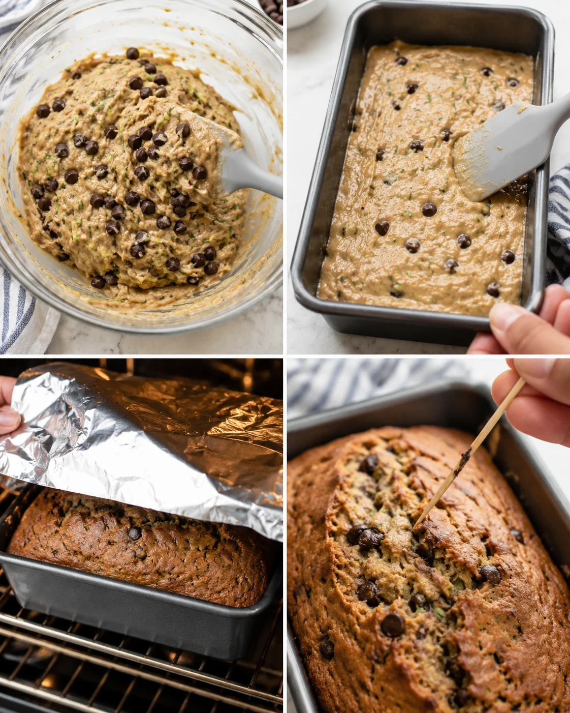 collage showing banana-bread making steps: batter in bowl, batter in pan, loaf baking, toothpick test