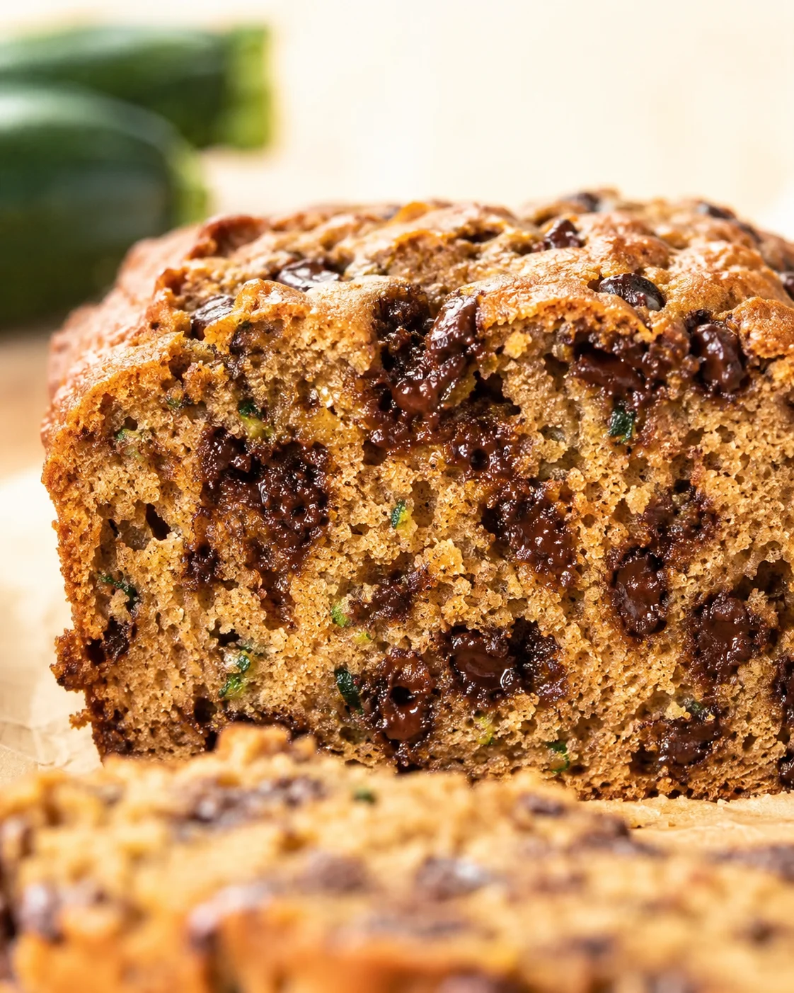 Close-up of a banana bread loaf slice filled with chocolate chips and pistachios.