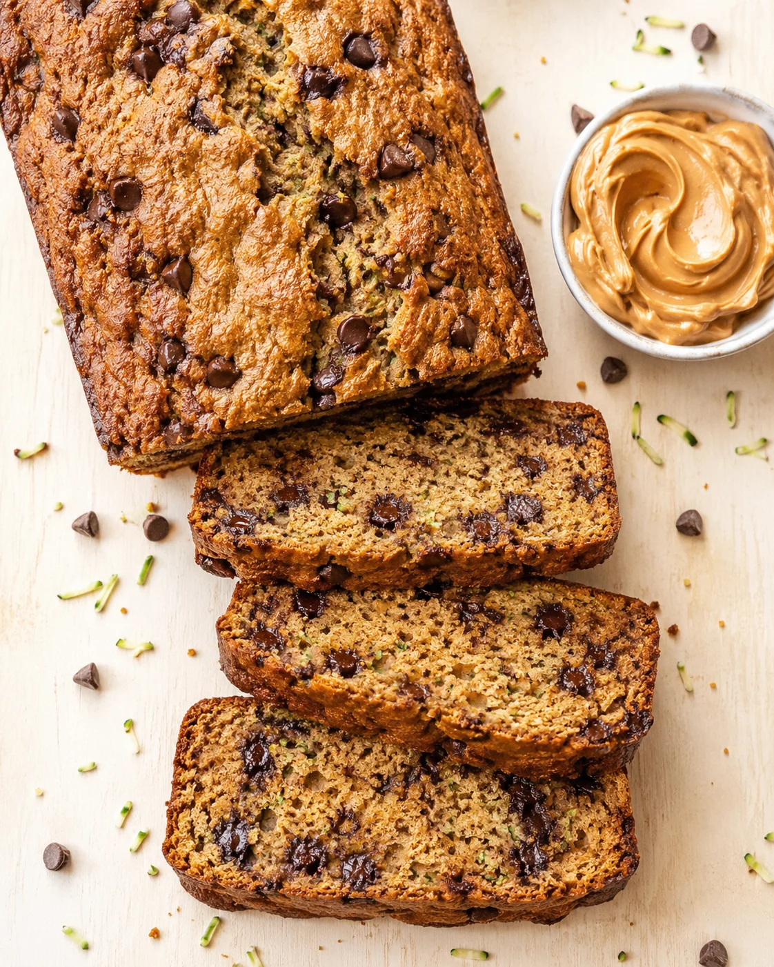 banana bread loaf with chocolate chips, sliced on a light wooden board beside a swirl of peanut butter