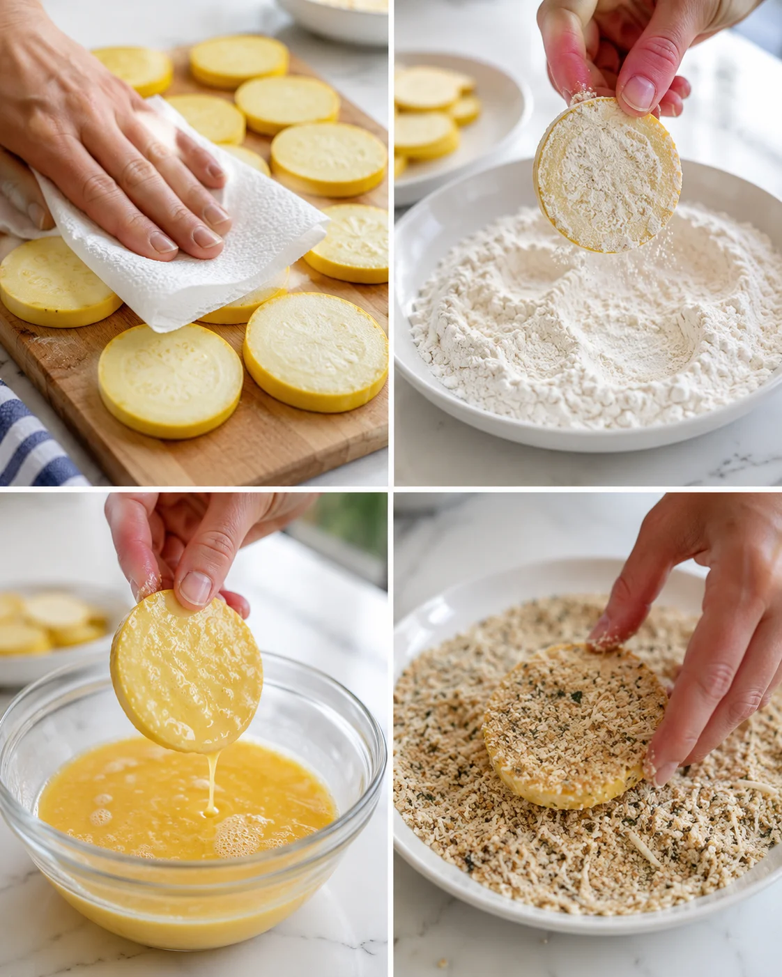 A four-panel collage showing lemon slices being breaded: wipe, dredge in flour, dip in egg, coat with breadcrumbs.