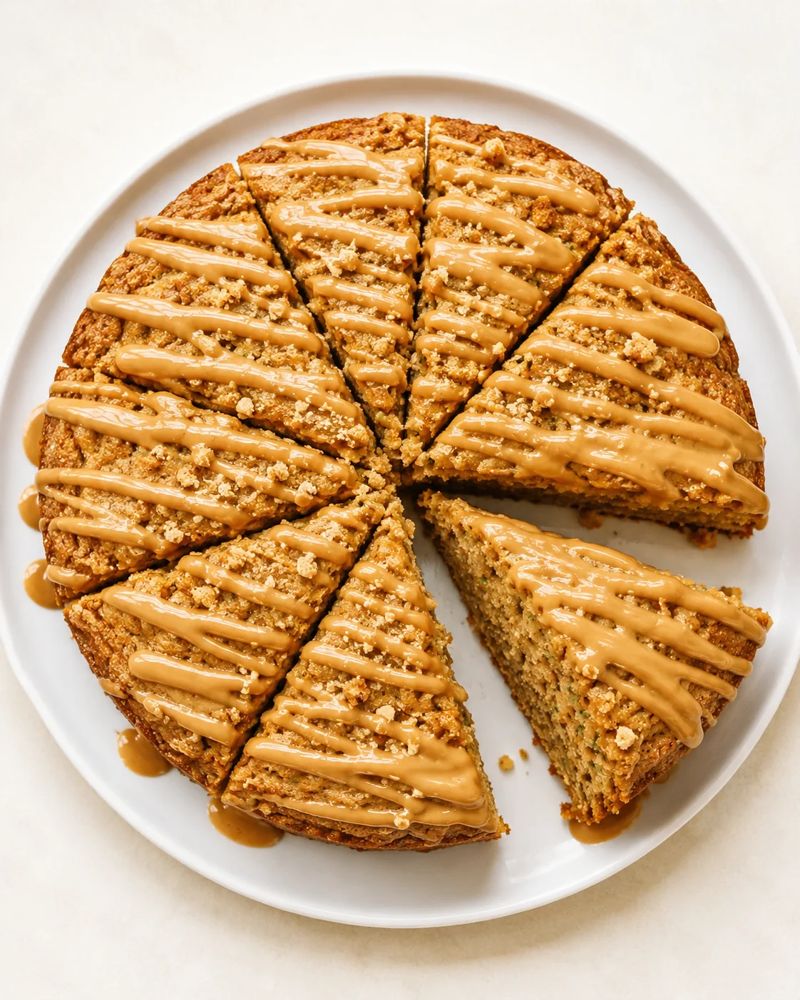 round crumb cake with caramel drizzle on a white plate